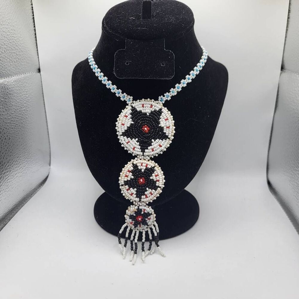 Vintage 70s Leather Backed Native Made Seed Bead Necklace